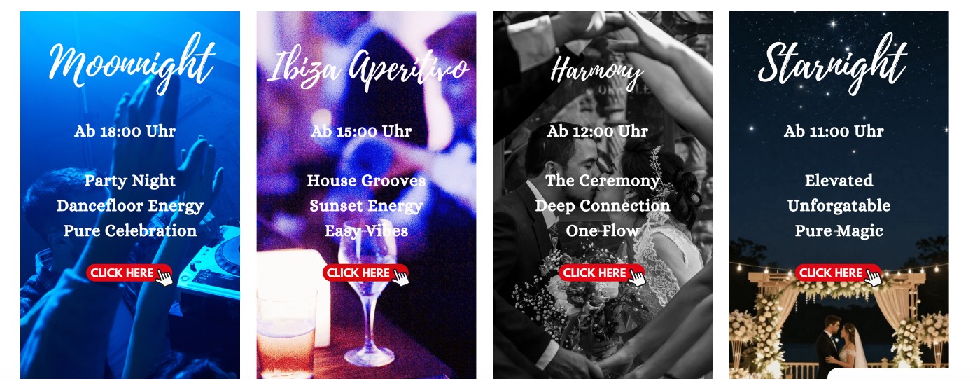 Übersicht der vier DJ Pakete: Moonnight, Ibiza Aperitivo, Harmony und Starnight